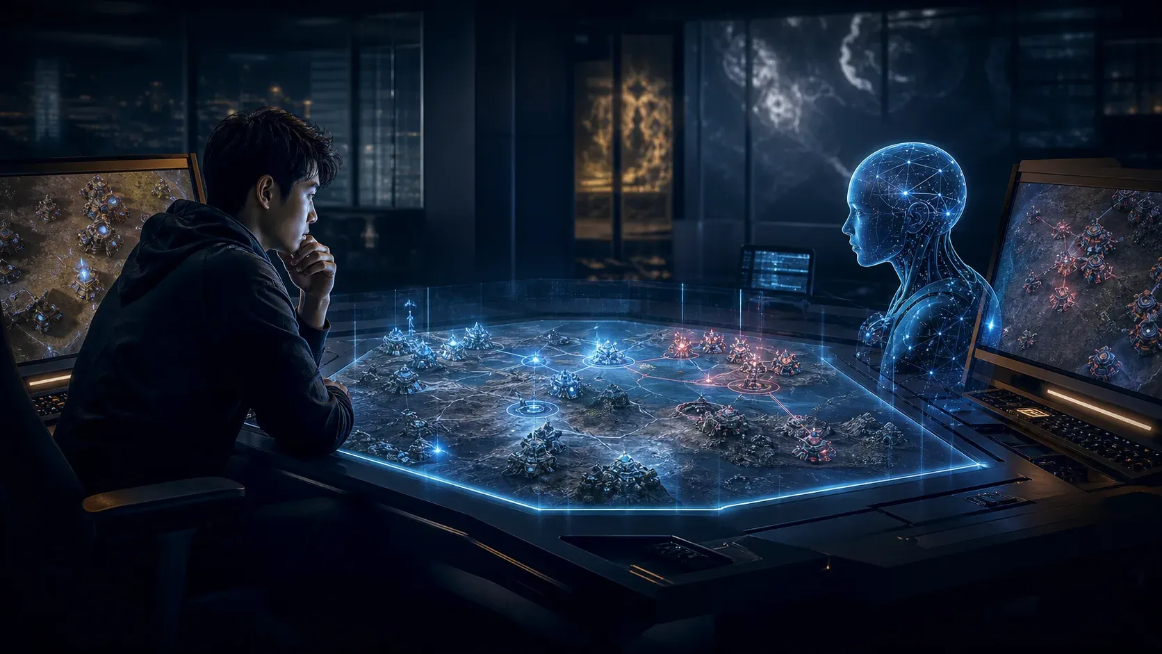 AI 与人类对弈星际争霸的插画