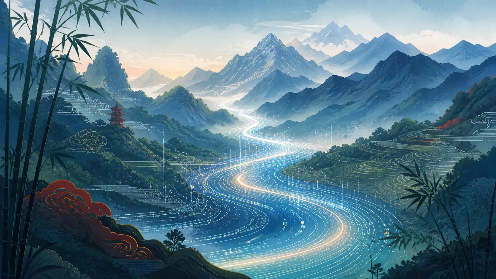 山川间流动代码河的插画