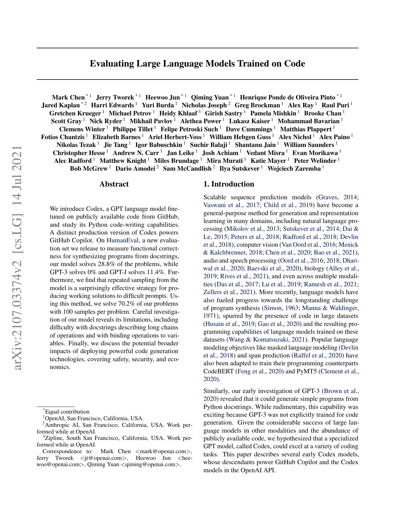 《Evaluating Large Language Models Trained on Code》论文首页