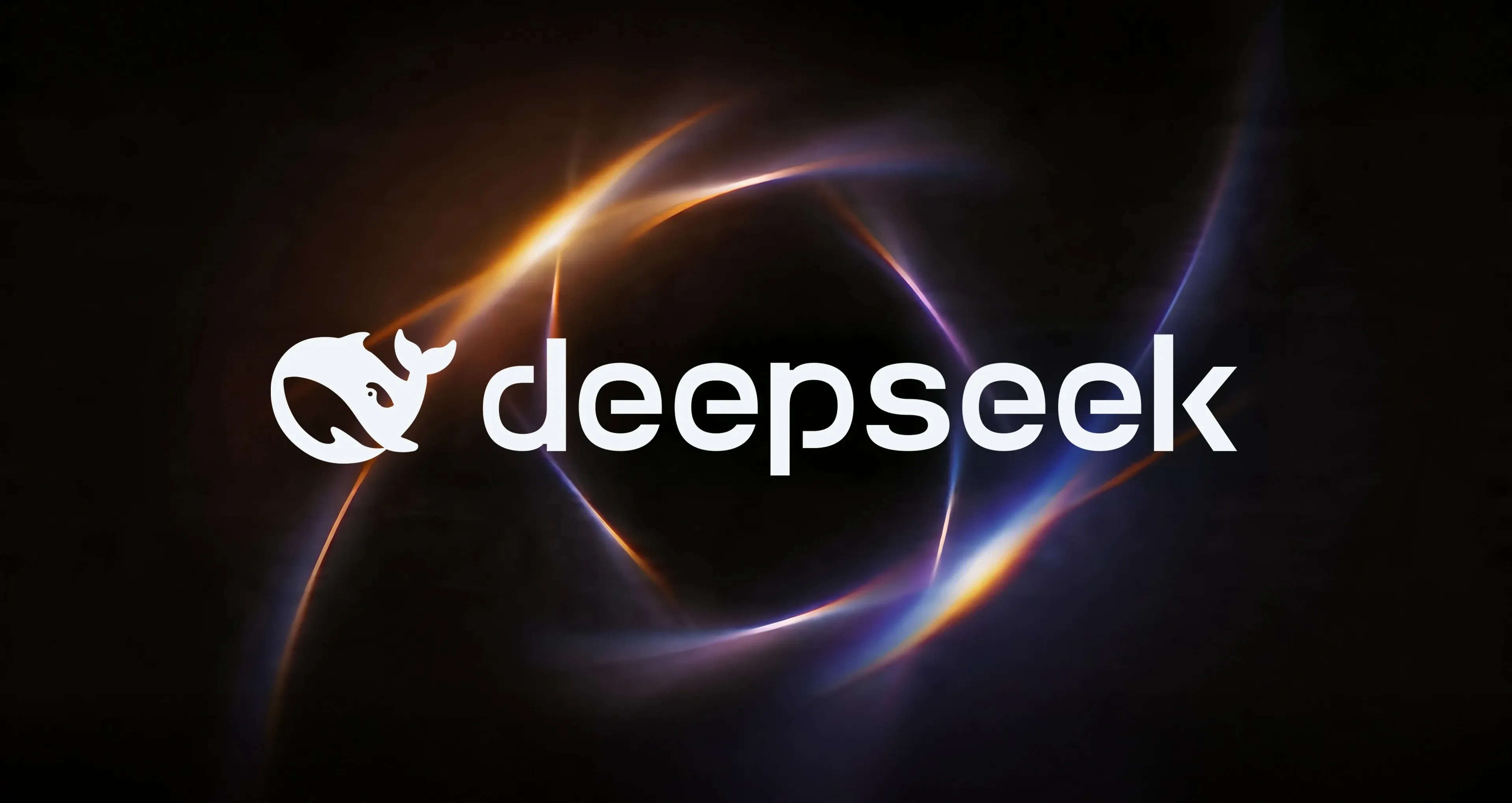 黑色背景和橙紫色光带上的 DeepSeek 标志