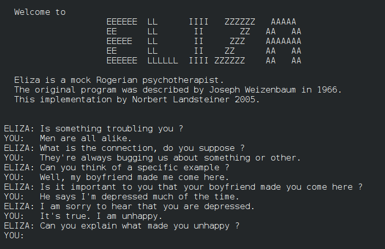 终端窗口中的 ELIZA 对话示例