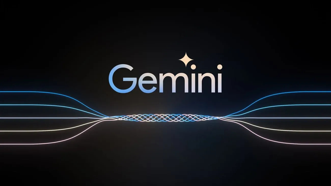 黑色背景中央为 Gemini 字样，下方蓝白光线交汇