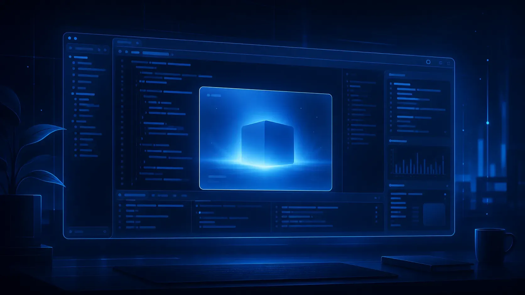 编程 IDE 中发光预告窗口的插画
