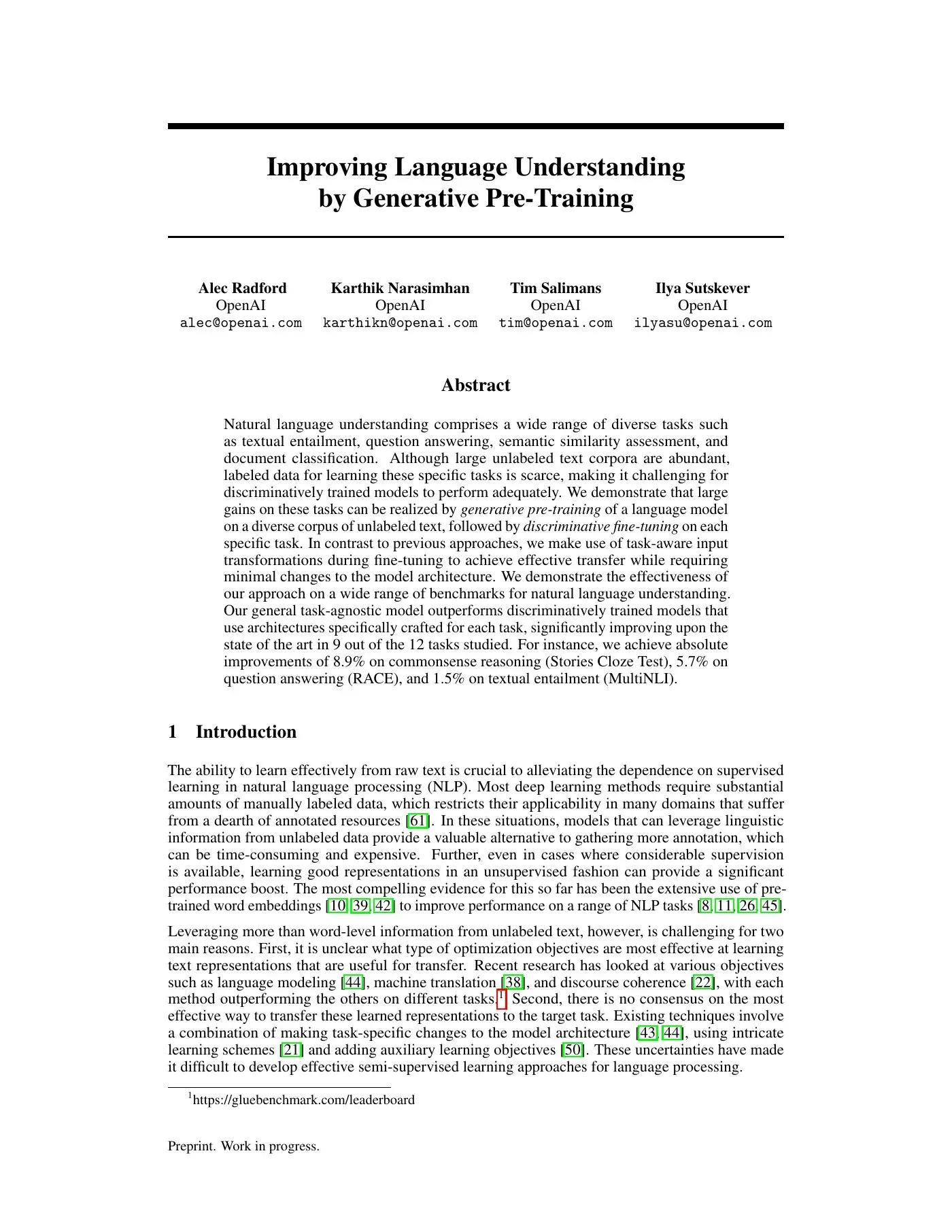 《Improving Language Understanding by Generative Pre-Training》论文首页