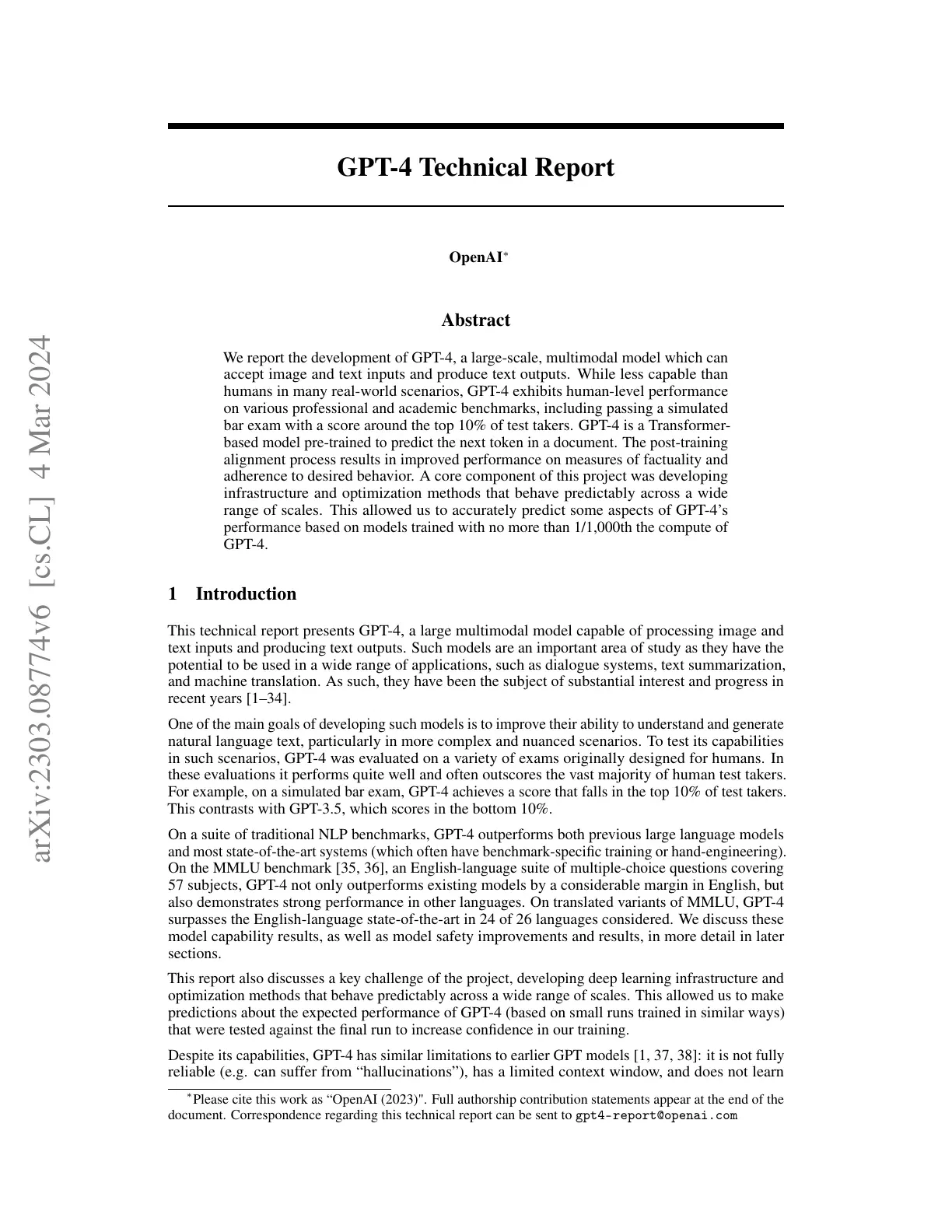 OpenAI 2023 年 GPT-4 技术报告首页，摘要说明模型可接收图像与文本并输出文本