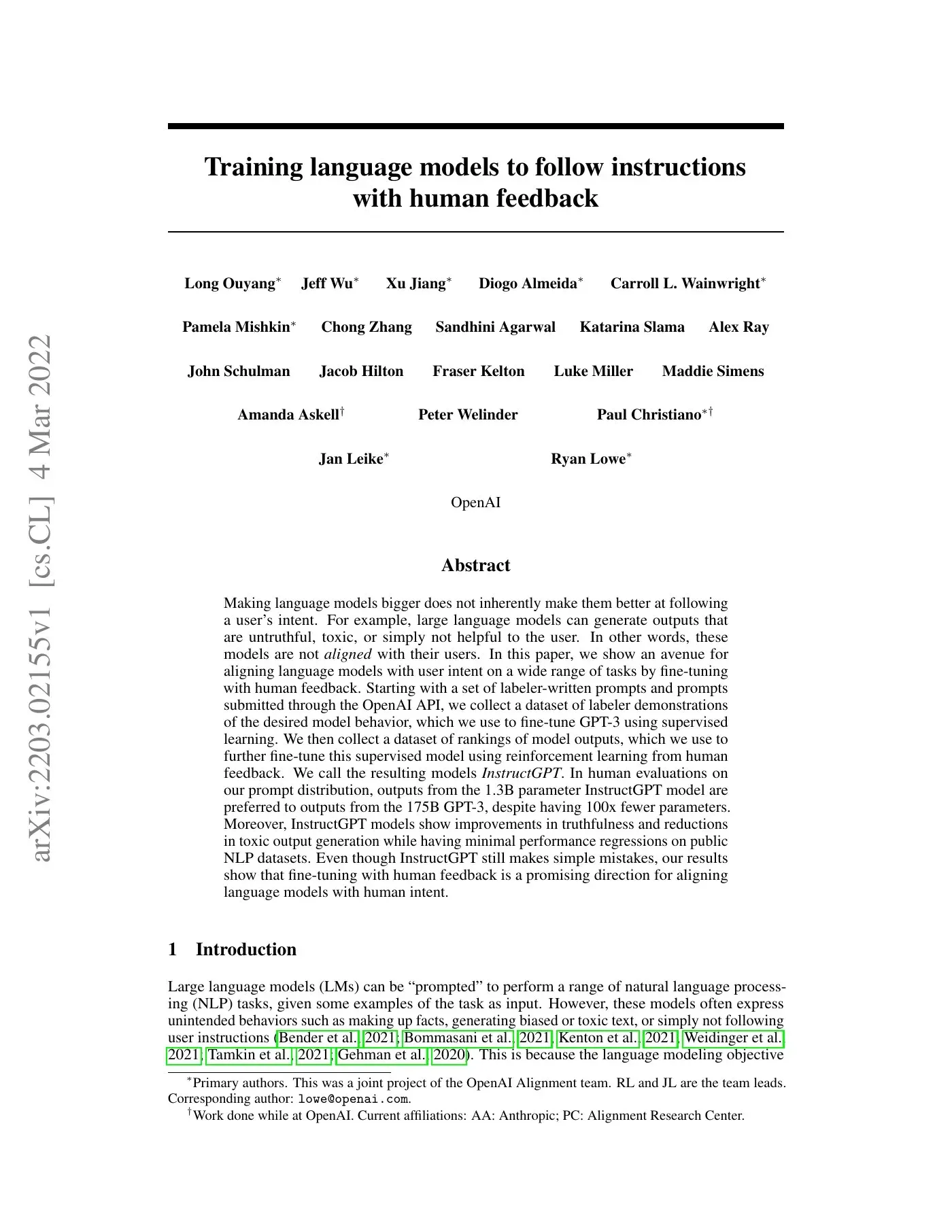 《Training language models to follow instructions with human feedback》论文首页