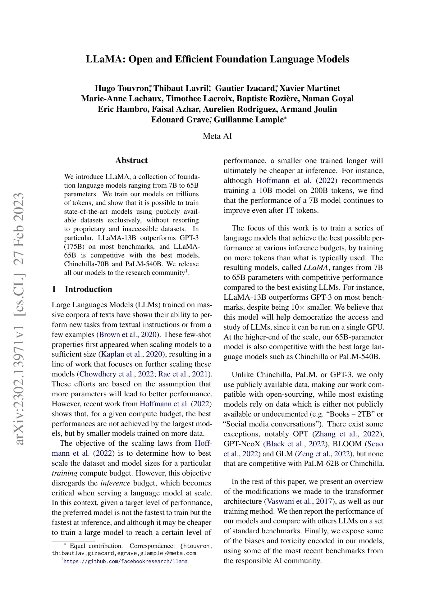 《LLaMA: Open and Efficient Foundation Language Models》论文首页