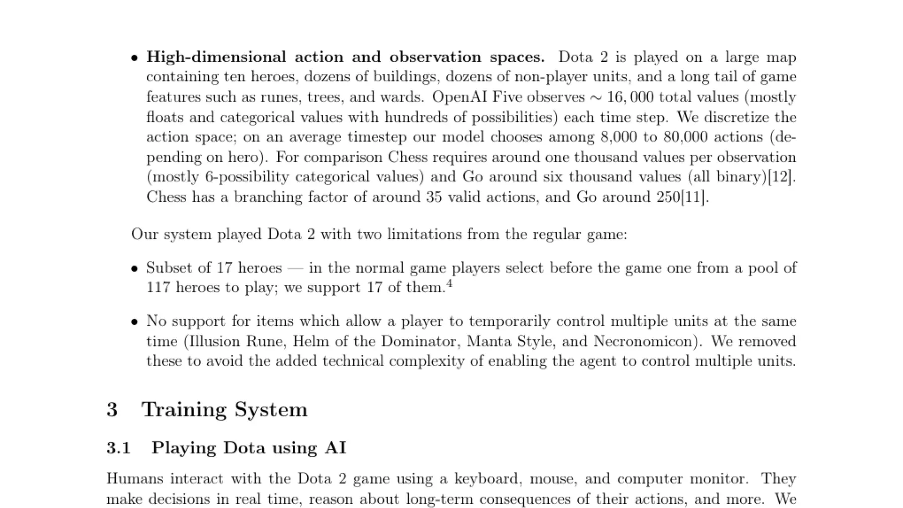 OpenAI Five 论文列出的 Dota 2 观察空间、动作空间和比赛限制