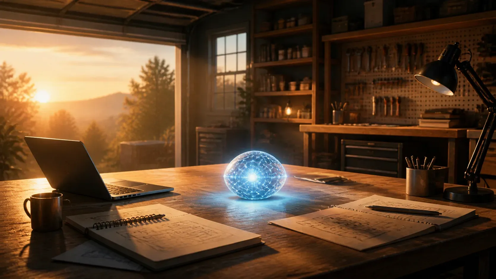车库中发光的 AI 种子与创始人之桌插画