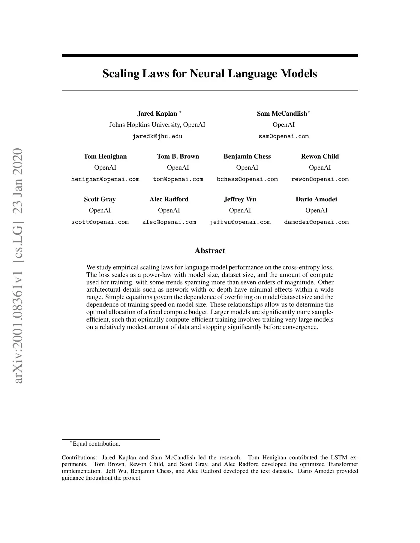《Scaling Laws for Neural Language Models》论文首页