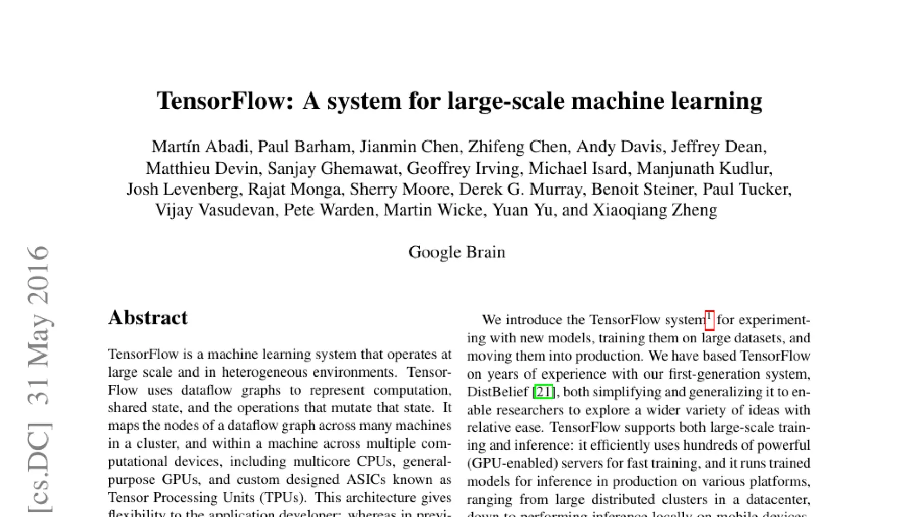 TensorFlow 大规模机器学习系统论文首页