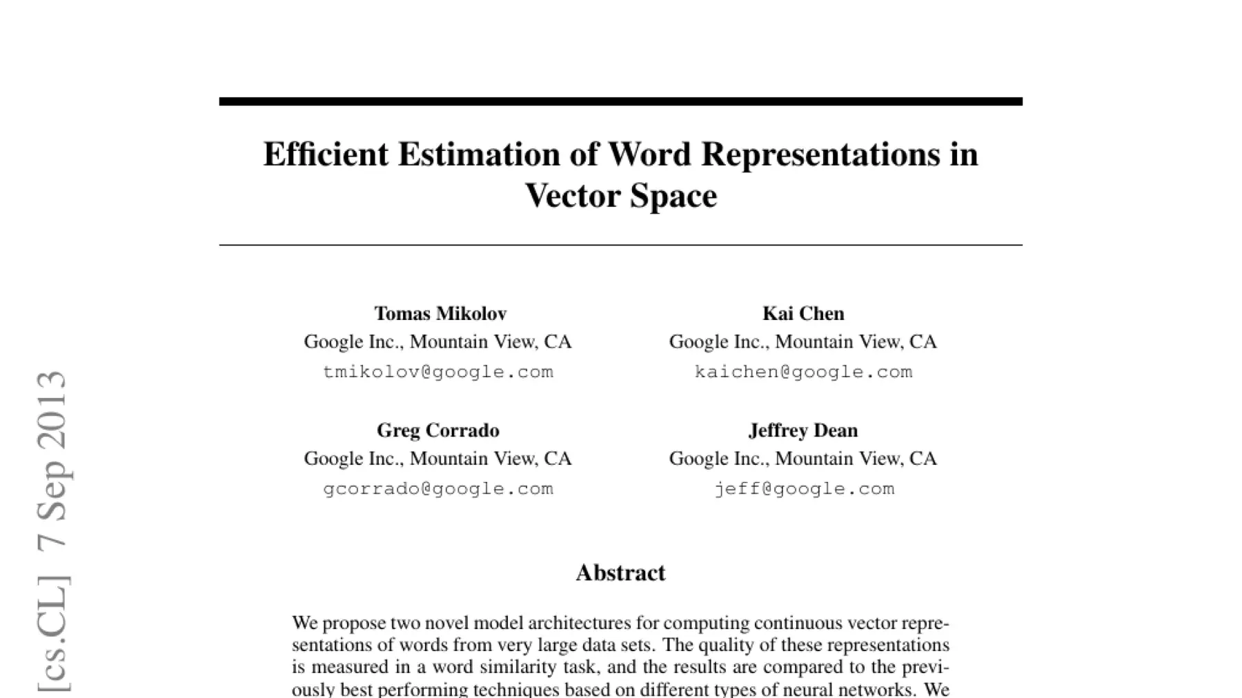 Word2Vec 原始论文《向量空间中词表示的高效估计》首页