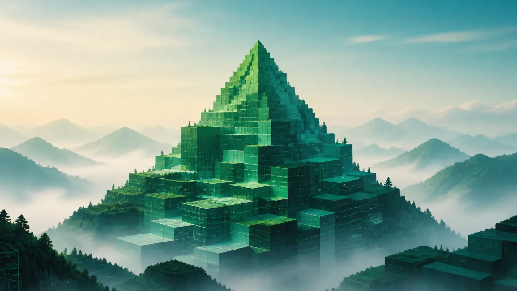数据块构成的翠绿山峰插画